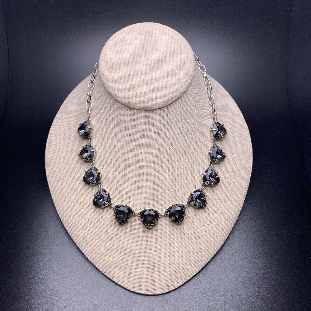 Smoky Glass Rhinestone Necklace Silver Tone Convertible Bib Statement
